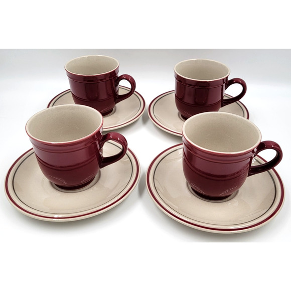 Newcor Regency Williamsburg Cup & Saucer Set Japan Red Floral Stoneware Set of 4 - Picture 3 of 16